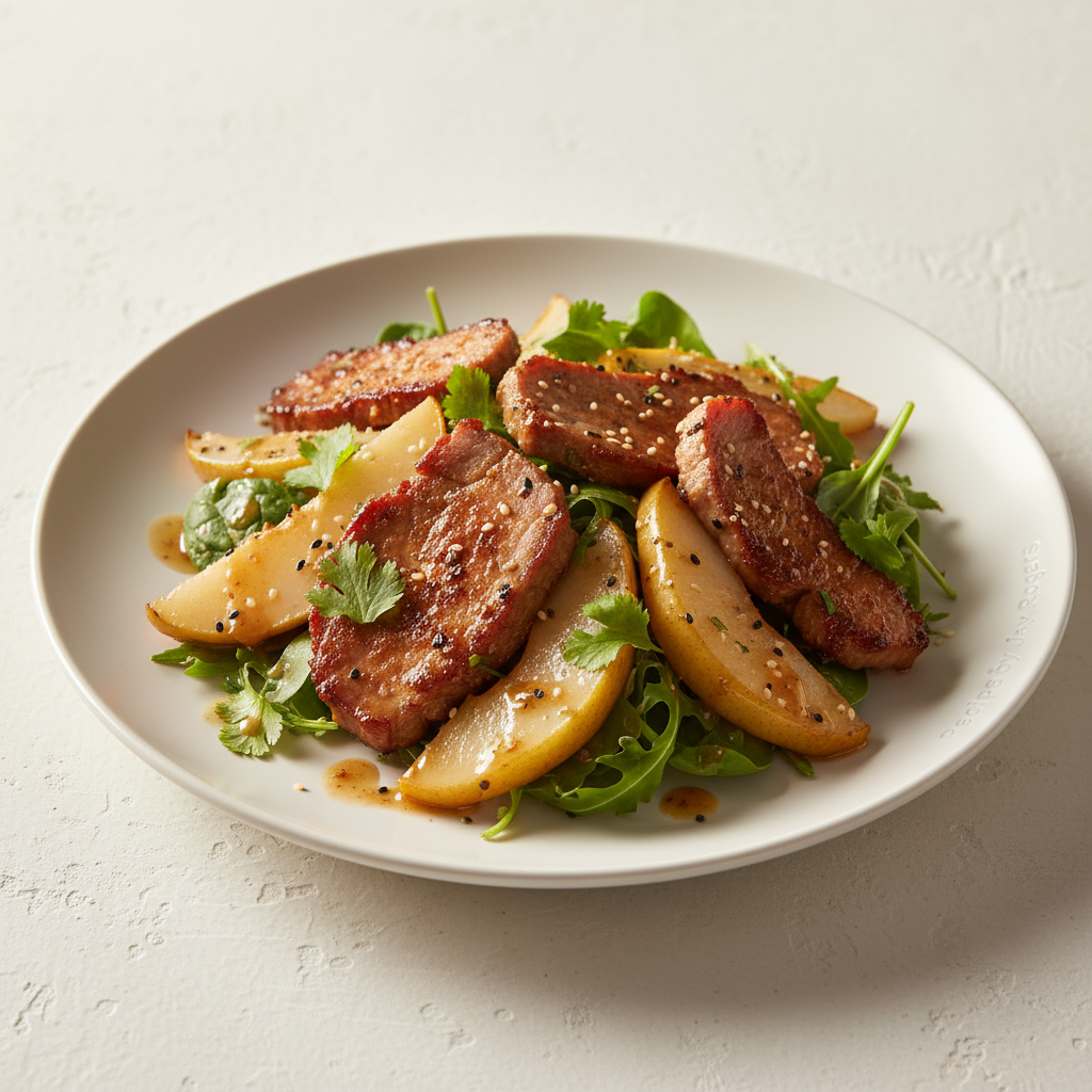 Chinese five spice pork and roast vanilla pear salad