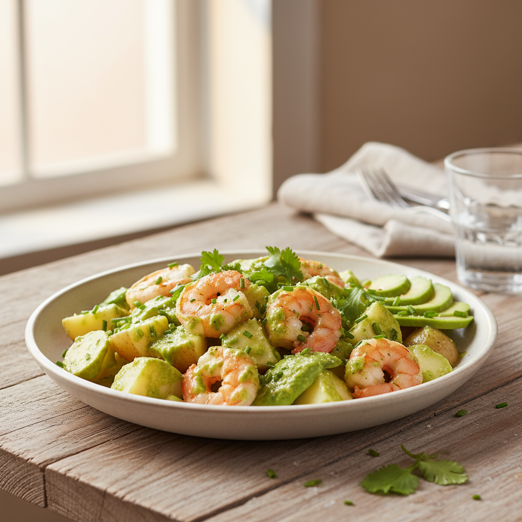 Prawn and potato salad with avocado dressing