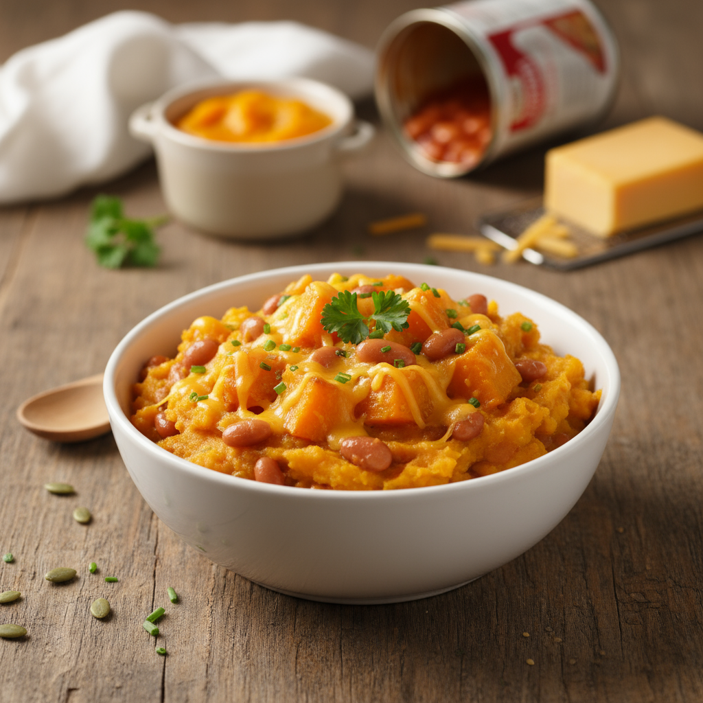 Pumpkin, baked bean and cheese mash
