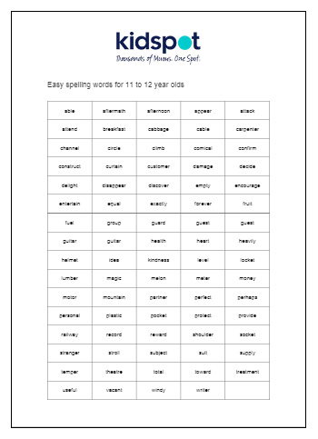 Easy spelling words for 11-12 year olds