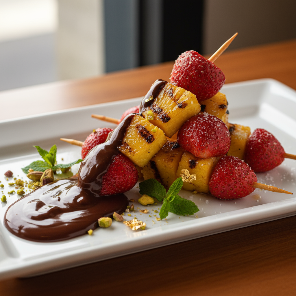 Strawberry and pineapple kebabs with chocolate sauce