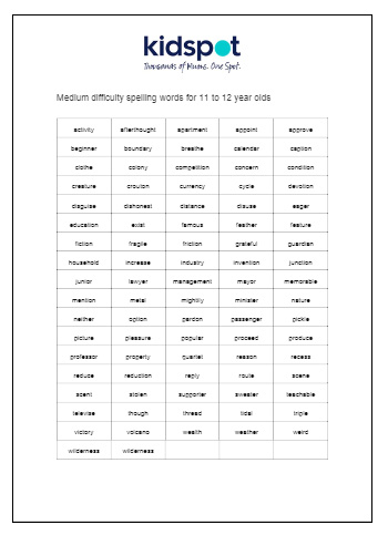 Medium difficulty spelling words for 11-12 year olds