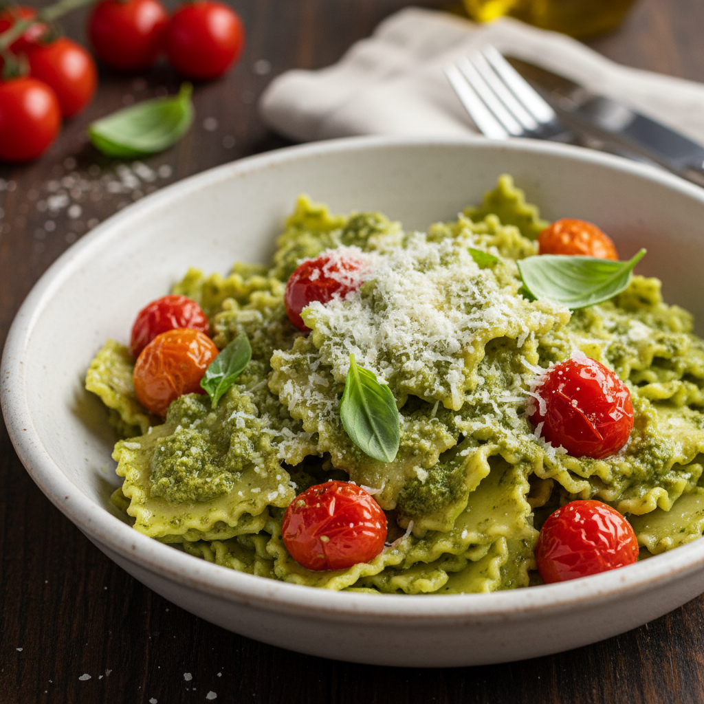 Pasta bits with cherry tomatoes and pesto