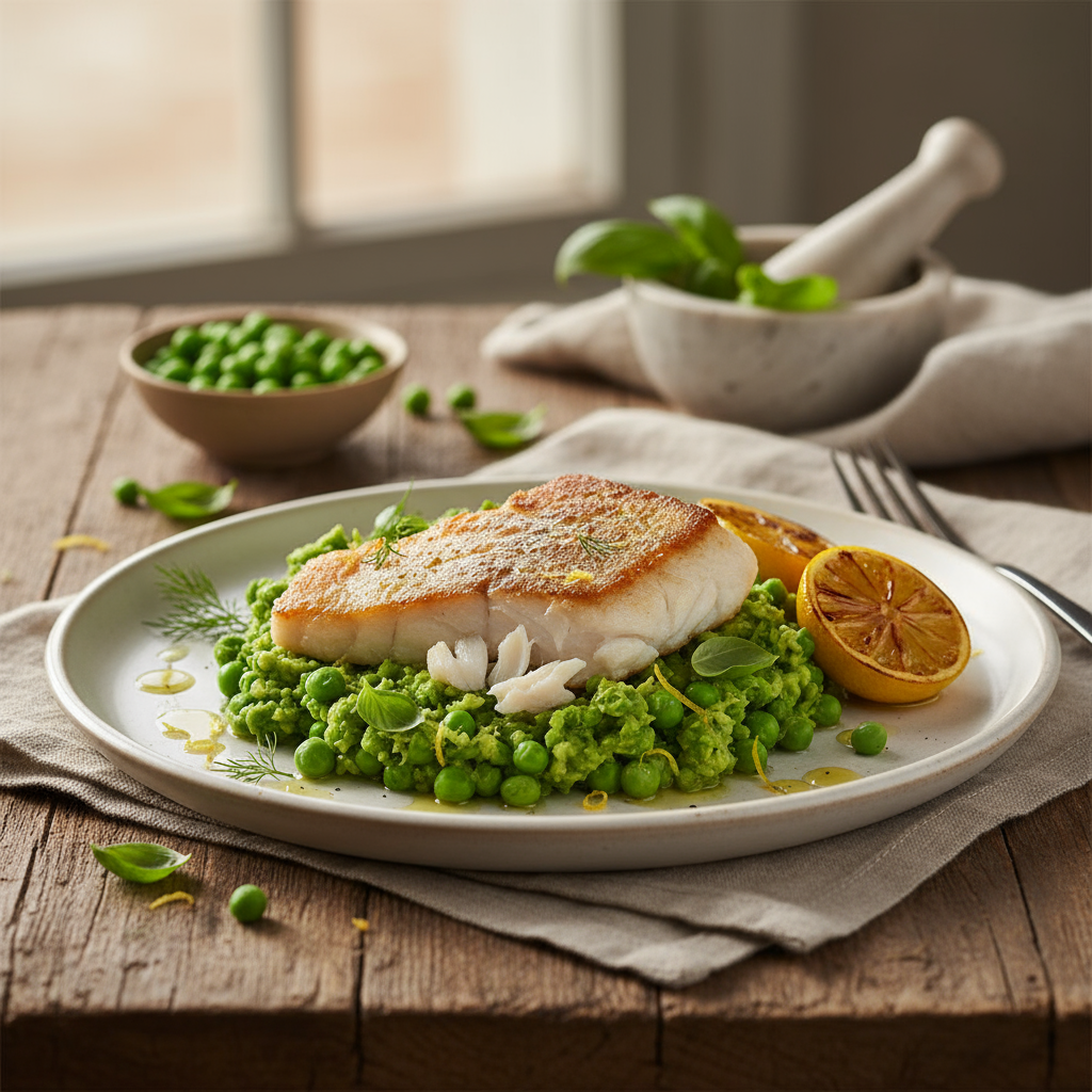 Pan-fried fish with pea mash
