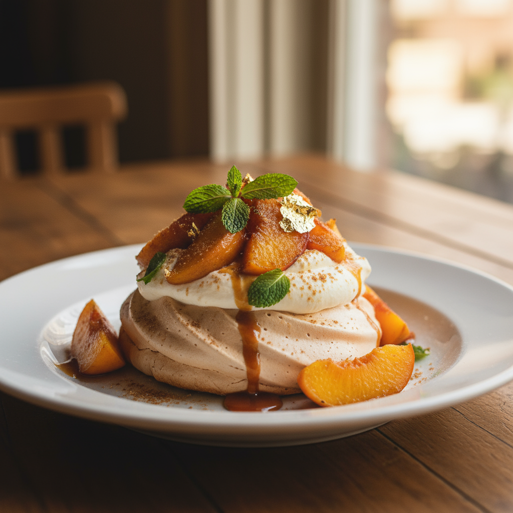 Brown sugar pavlova with roasted peaches
