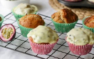 Banana cupcakes with passionfruit icing