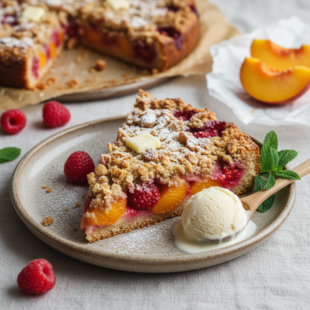 Raspberry and nectarine crumble cake