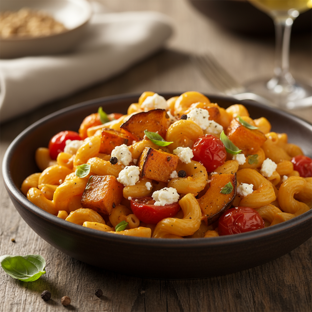 Roast pumpkin, tomato and feta pasta