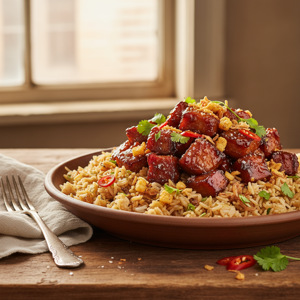 Sticky pork with rice pilaf