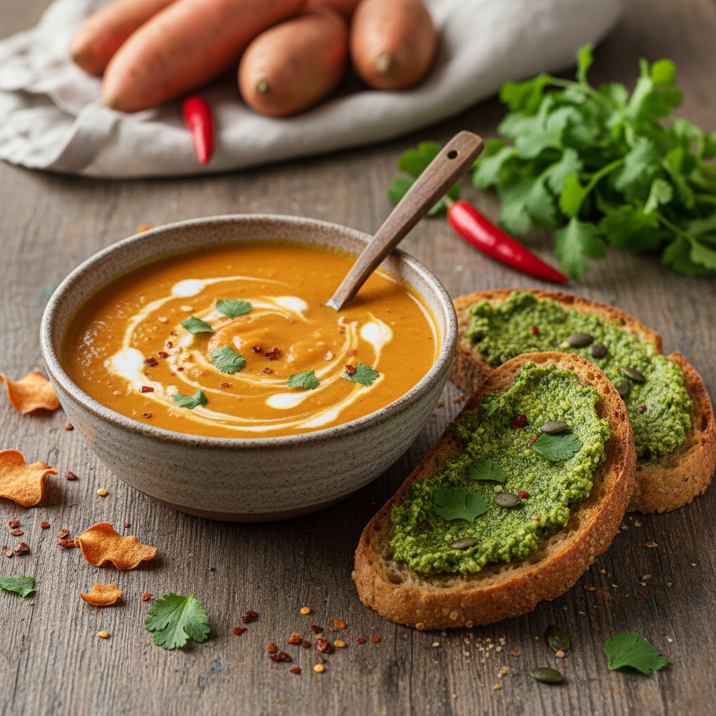 Spicy Sweet Potato Soup with Coriander Pesto Toasts