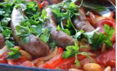 Baked sausages and butterbeans