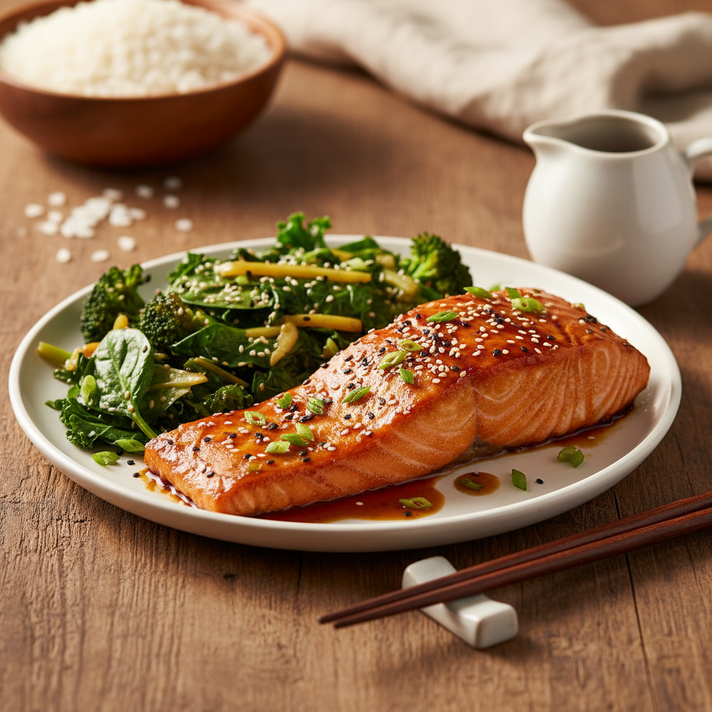 Teriyaki salmon with sesame greens