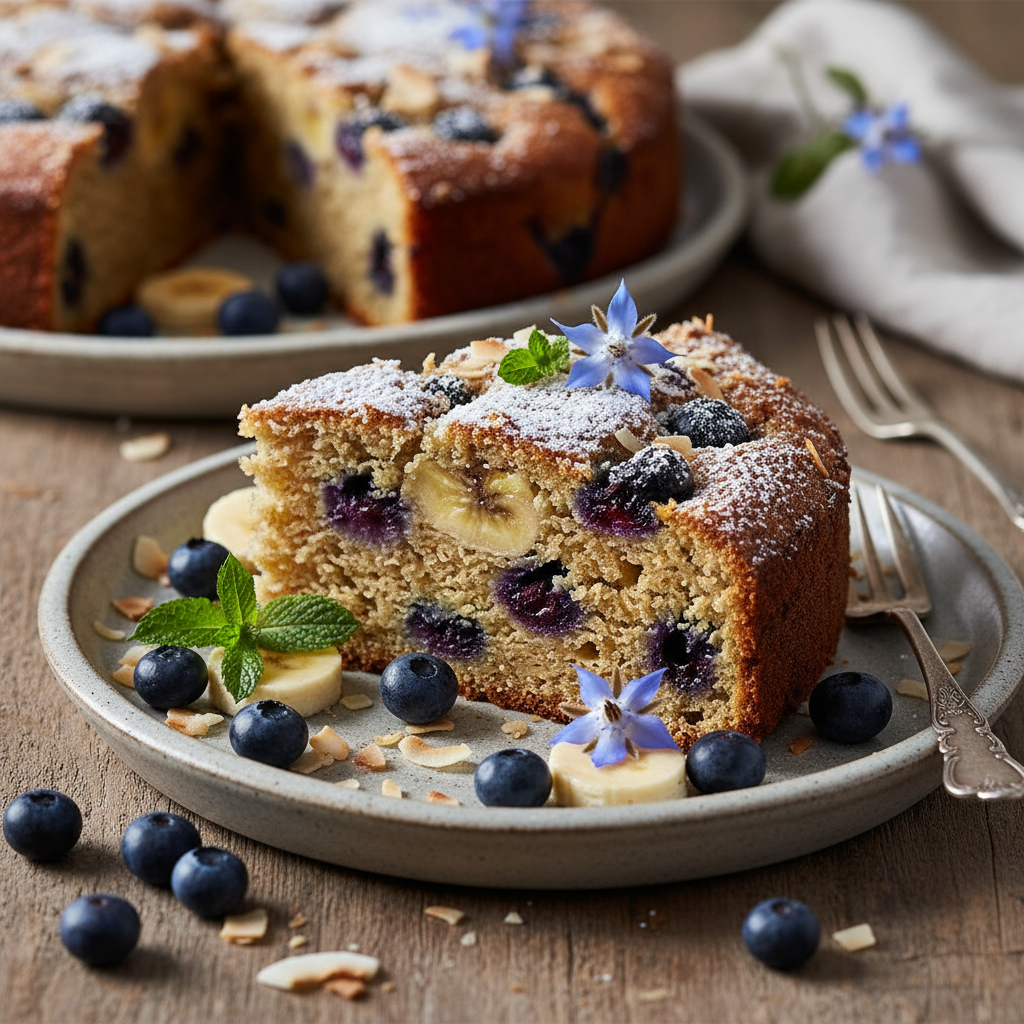 Rustic banana, blueberry and coconut cake