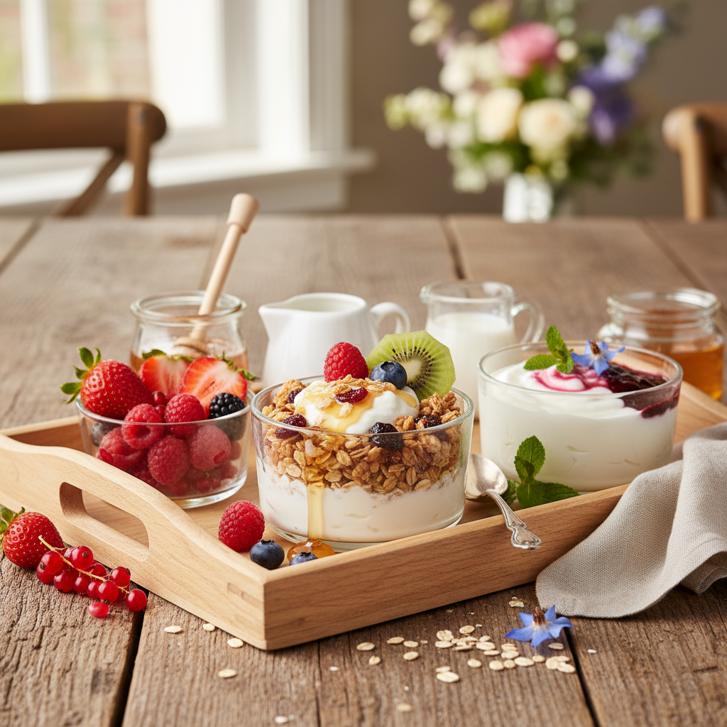 Muesli fruit and yoghurt tray