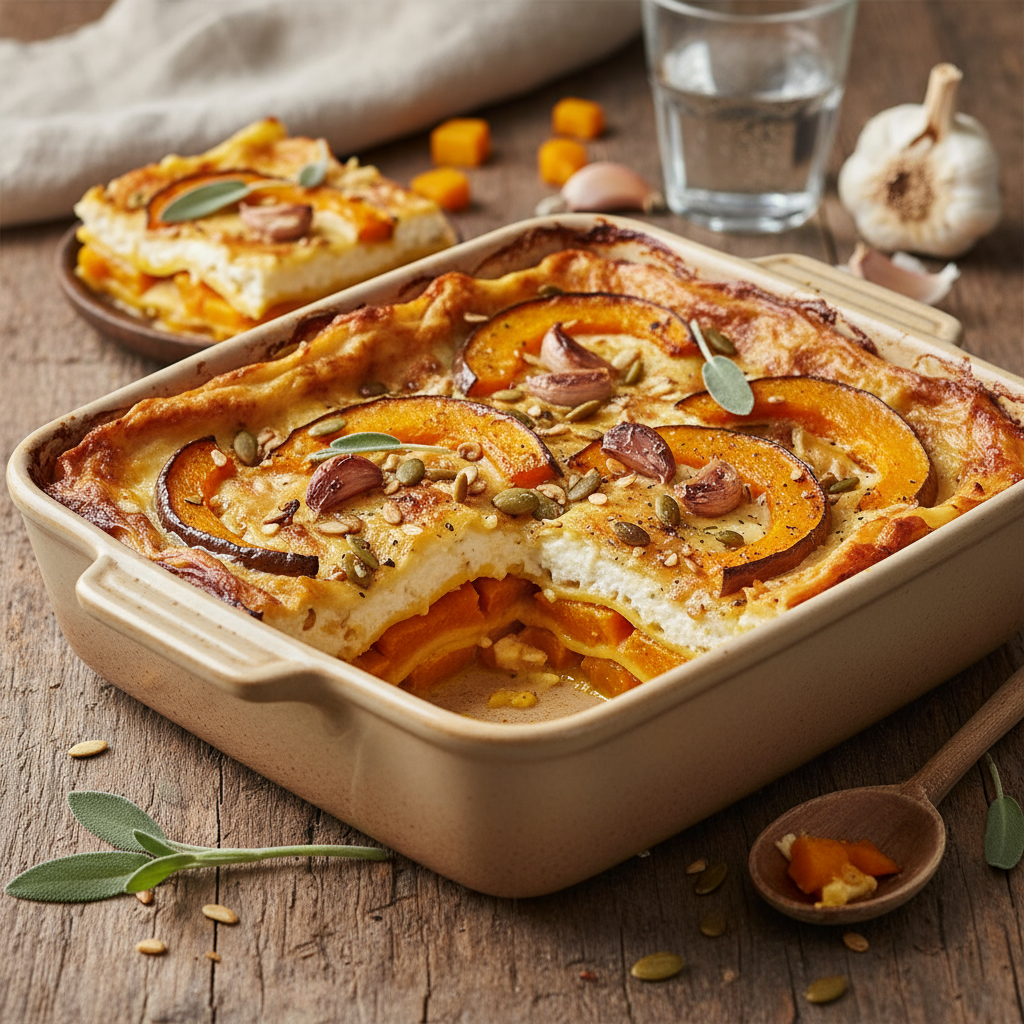 Roasted pumpkin, garlic and ricotta lasagne