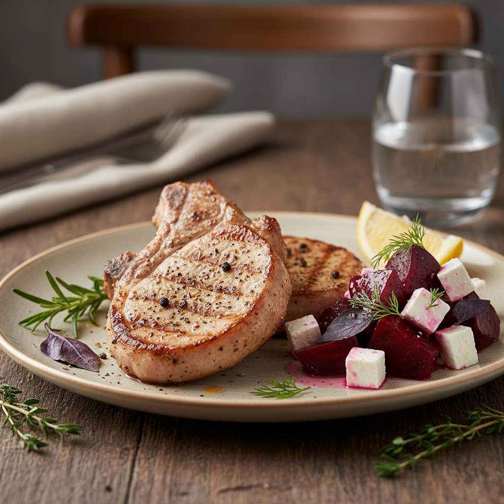 Pork chops with feta and beetroot salad