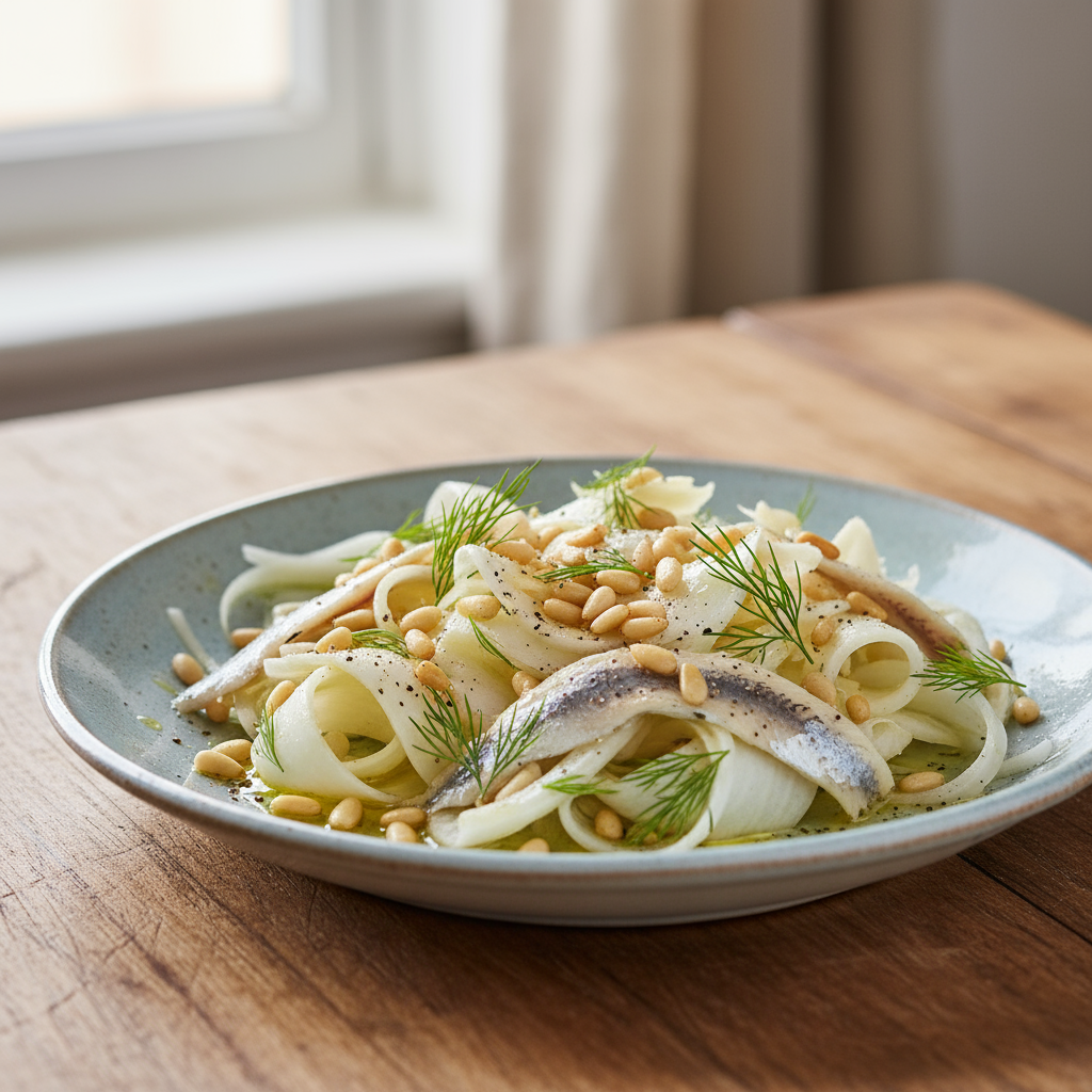 White anchovy fennel and pine nut salad