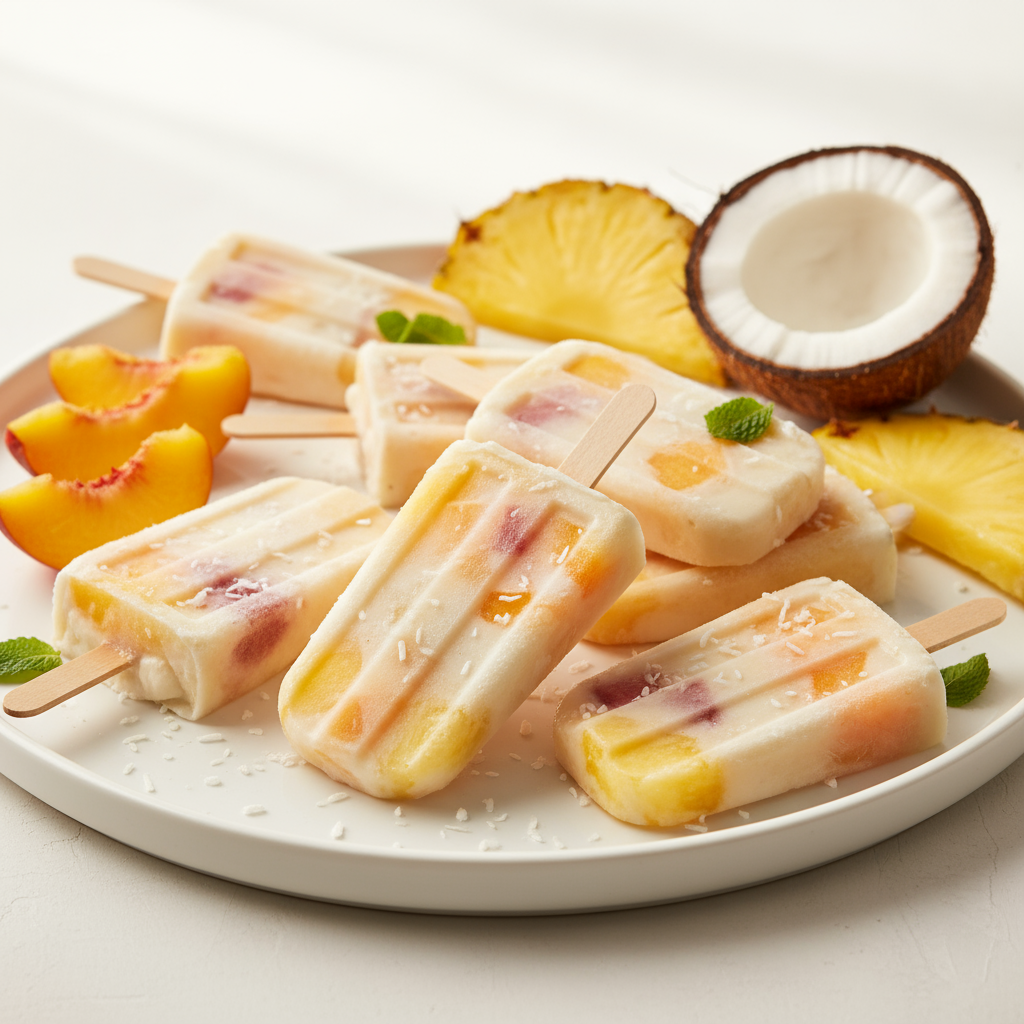 Peach pineapple and coconut popsicles