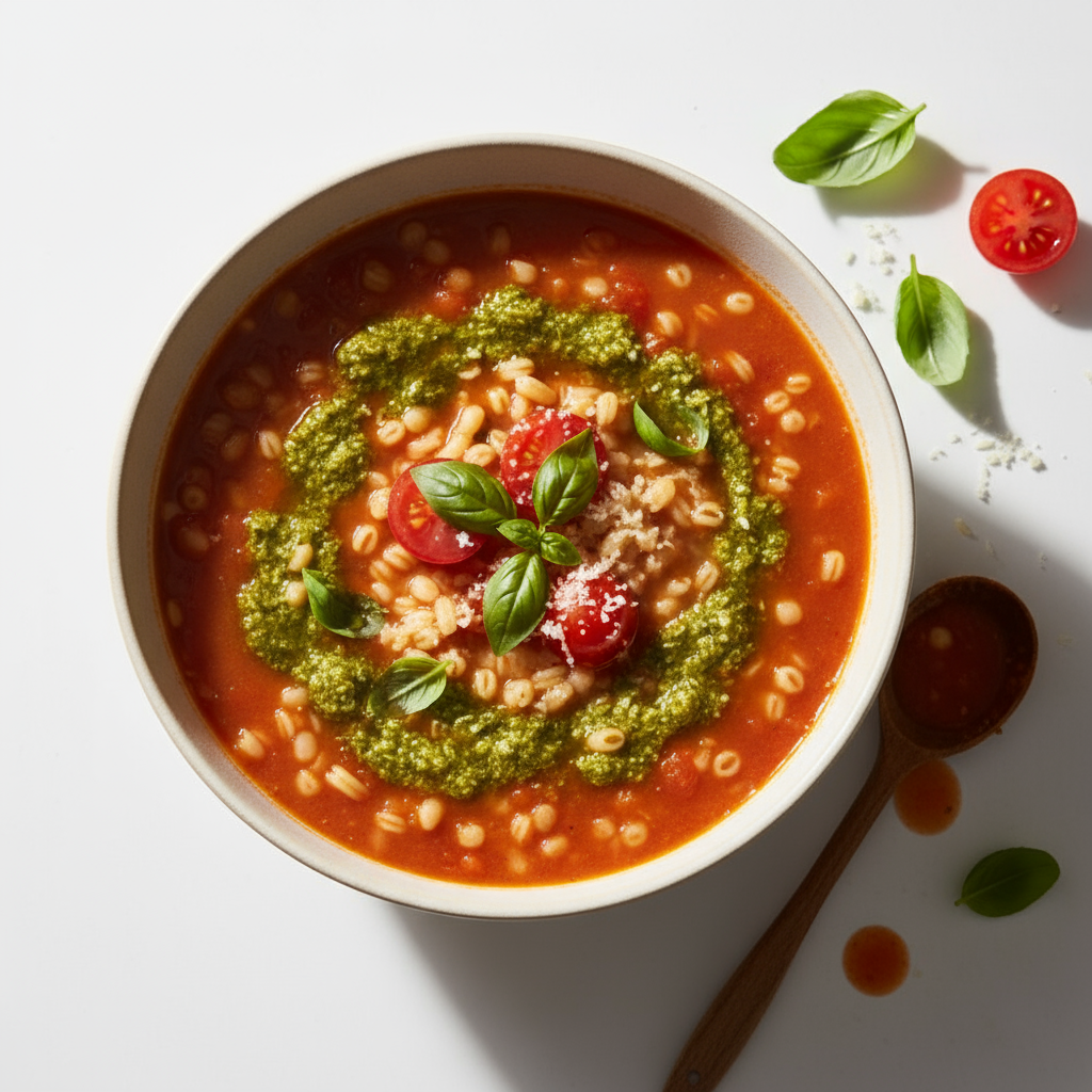 Tomato, risoni and pesto soup