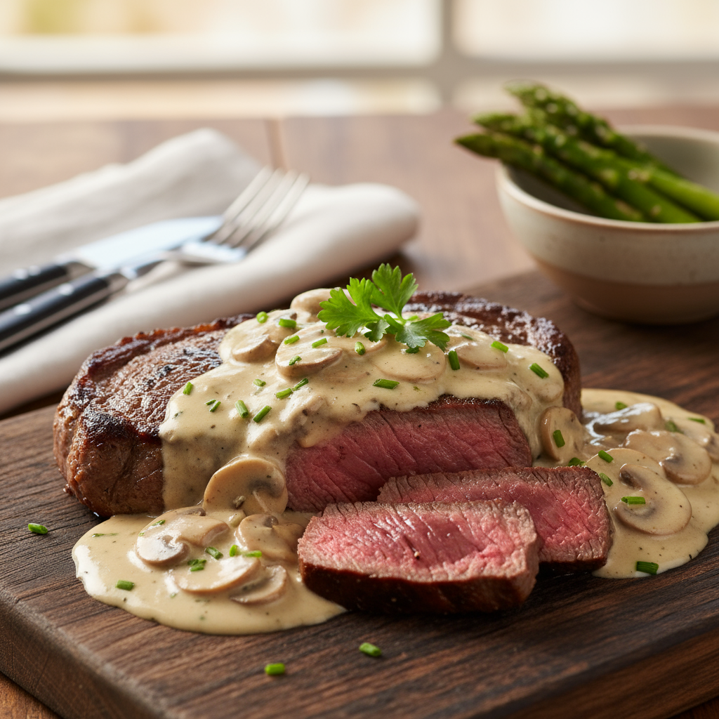 Steak with creamy mushroom sauce
