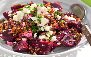 Slow-roasted beetroot with goats cheese and pine nuts