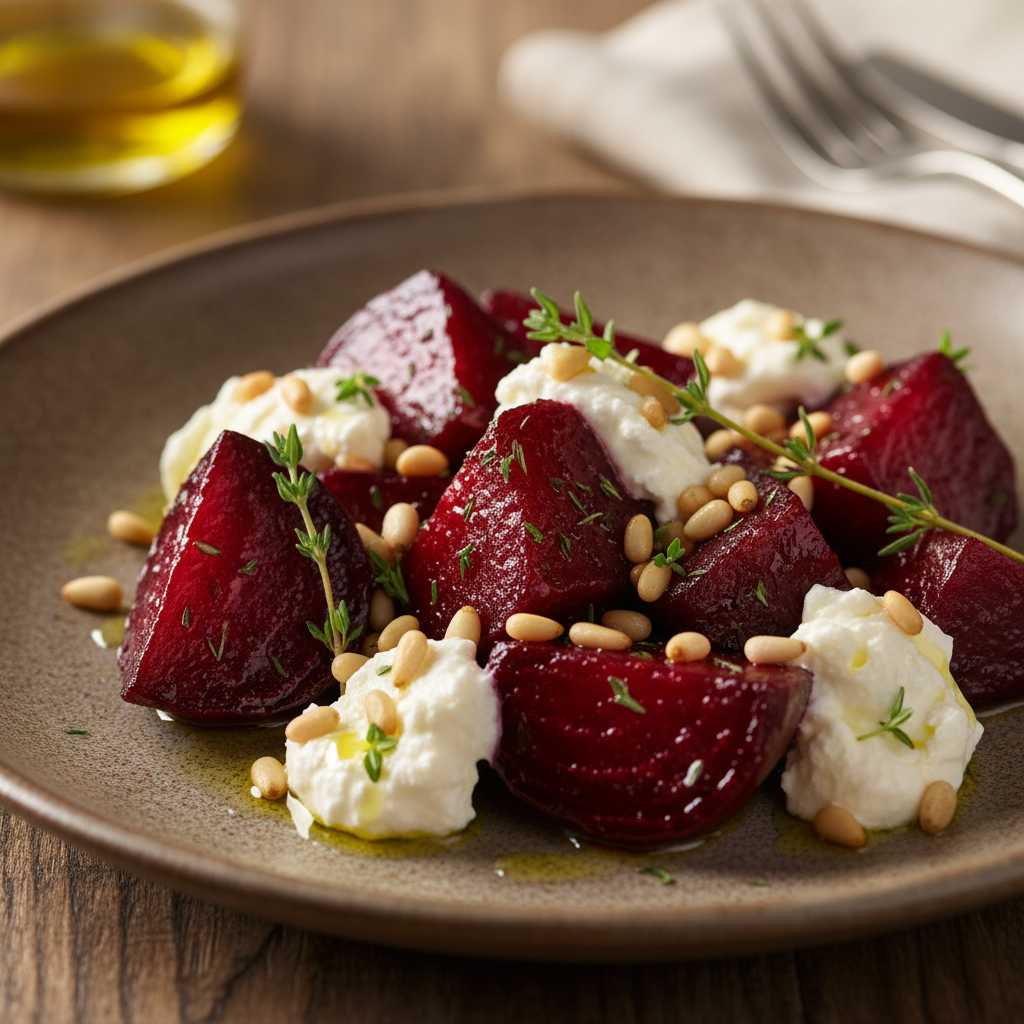 Slow-roasted beetroot with goats cheese and pine nuts