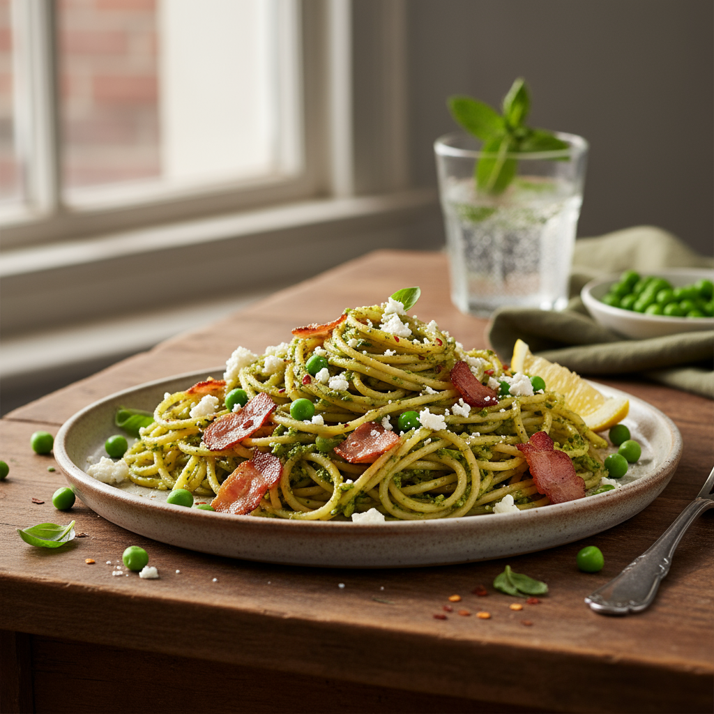 Spaghetti with pea pesto and crispy bacon