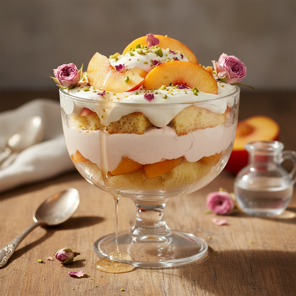 White nectarine and rosewater trifle