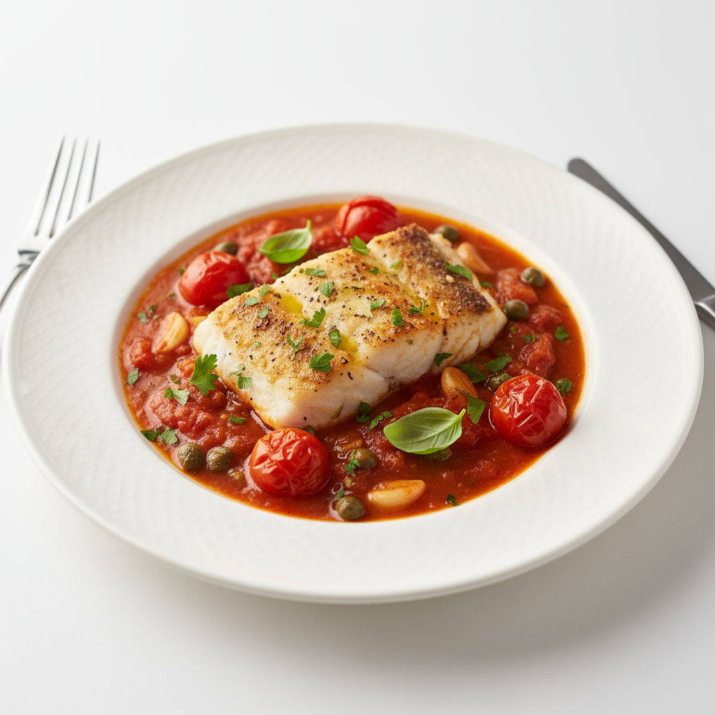 White fish baked in tomato and caper sauce