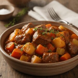 Beef and vegetable casserole in a bowl.