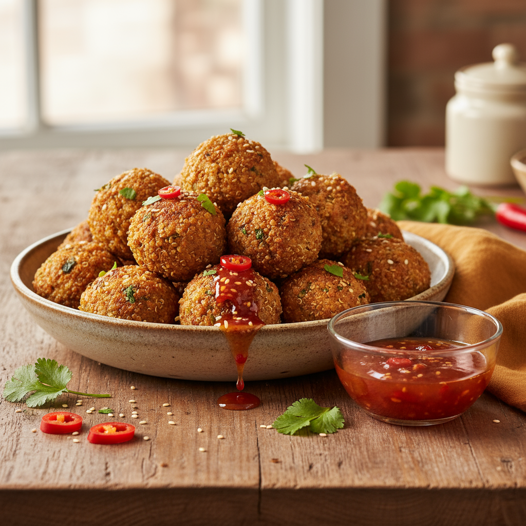 Pork and quinoa balls with sweet chilli sauce