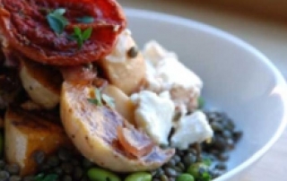 Roast veggies with goats cheese and lentils