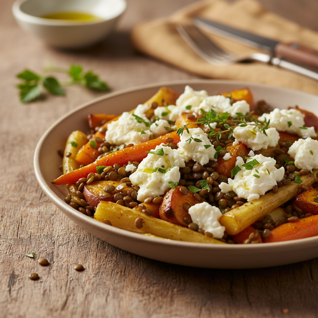 Roast veggies with goats cheese and lentils