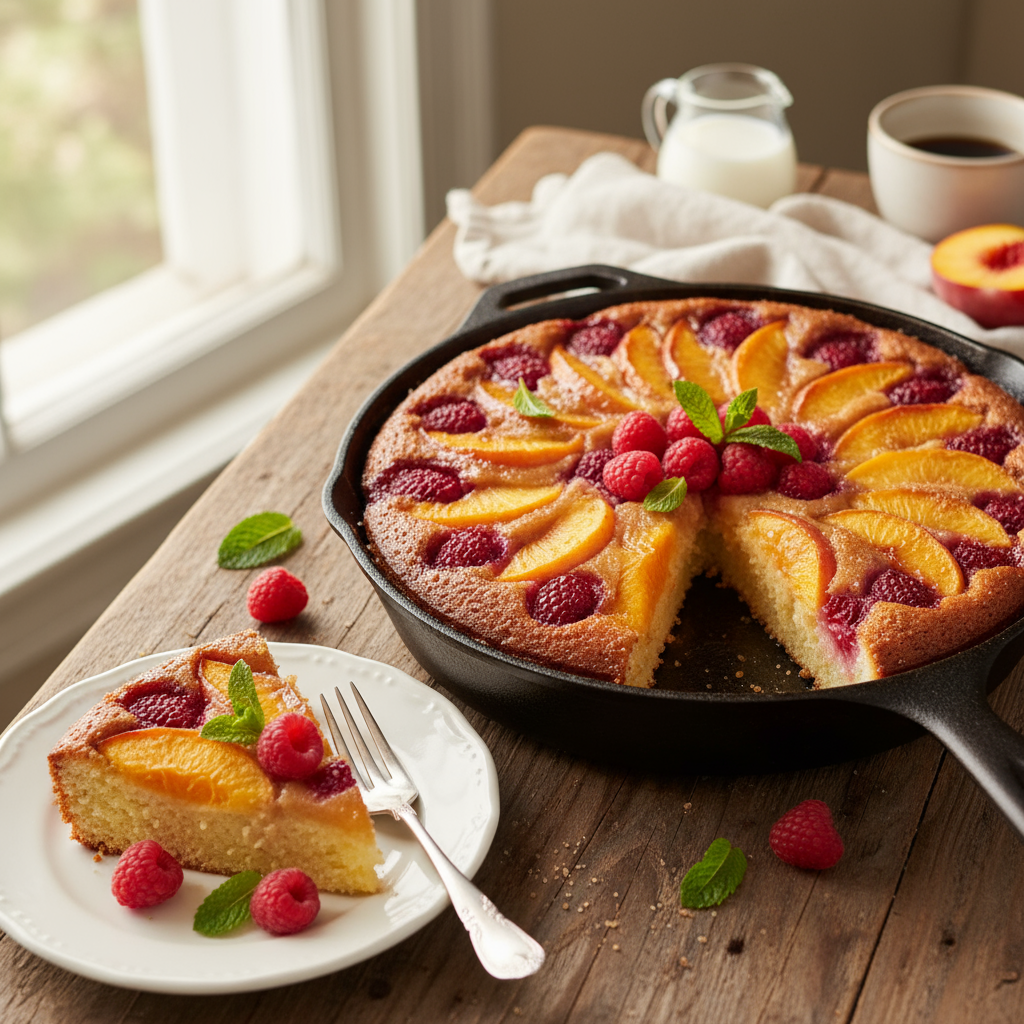 Peach and raspberry upside down cake