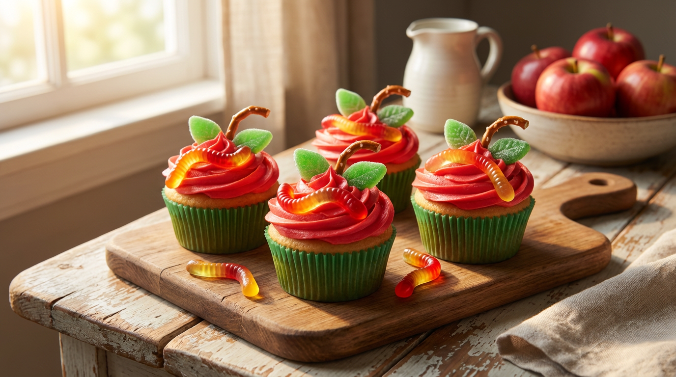 Apple and worm cupcakes