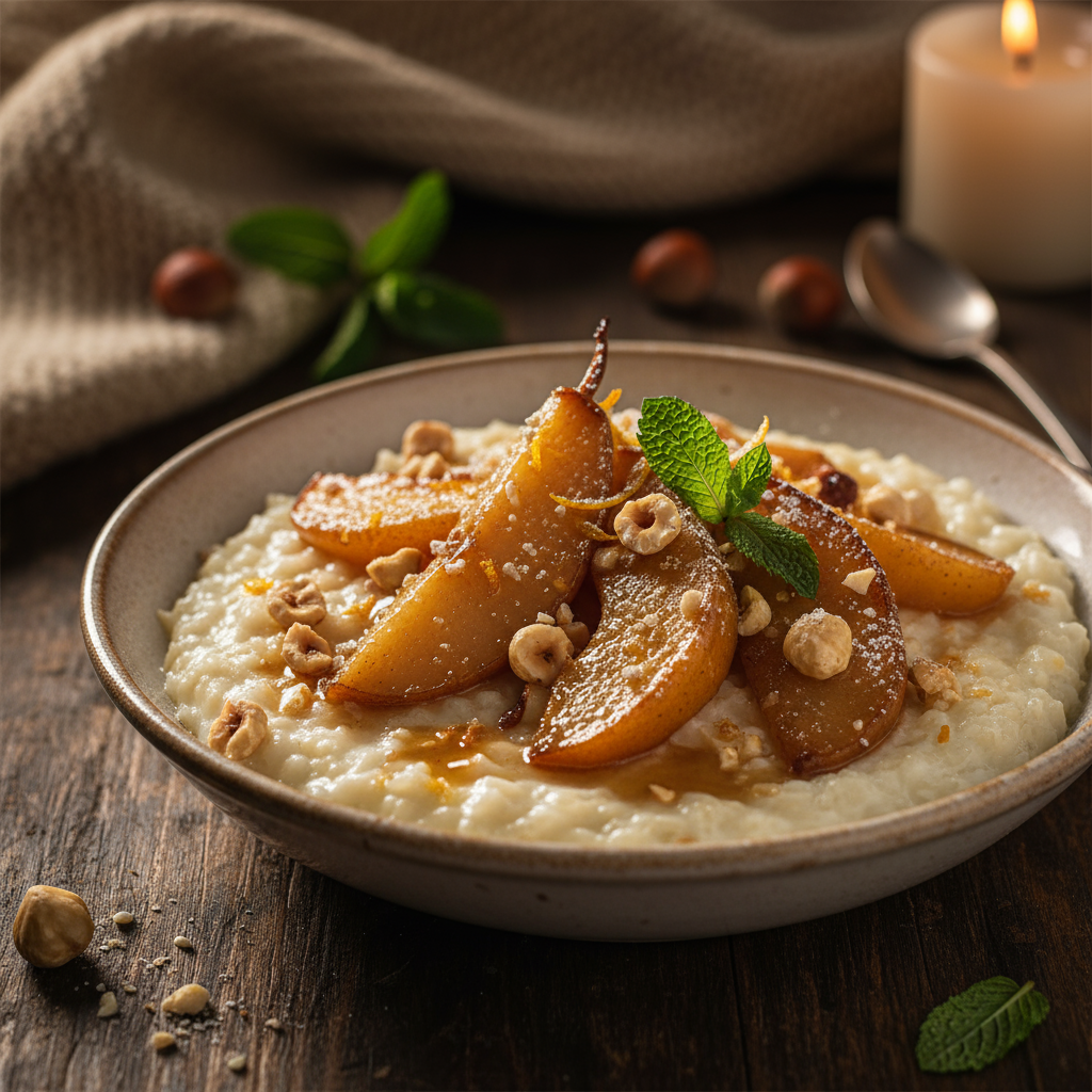 Rice pudding with glazed pears and hazelnuts