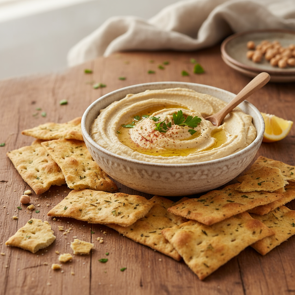 Hummus dip and crackers for kids