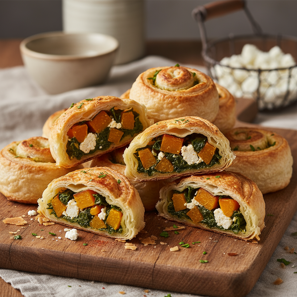 Pumpkin, spinach and feta rolls recipe