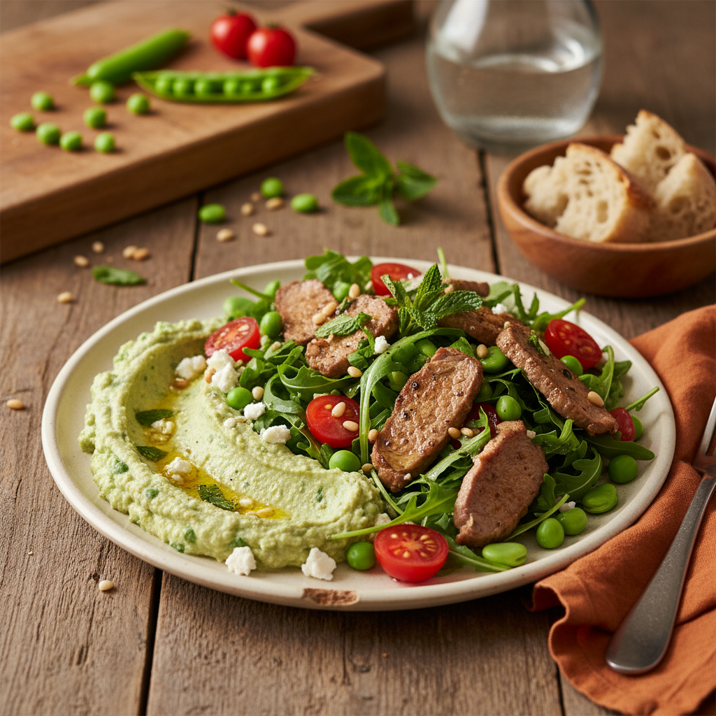 Warm Lamb Salad with Pea and Feta Hummus