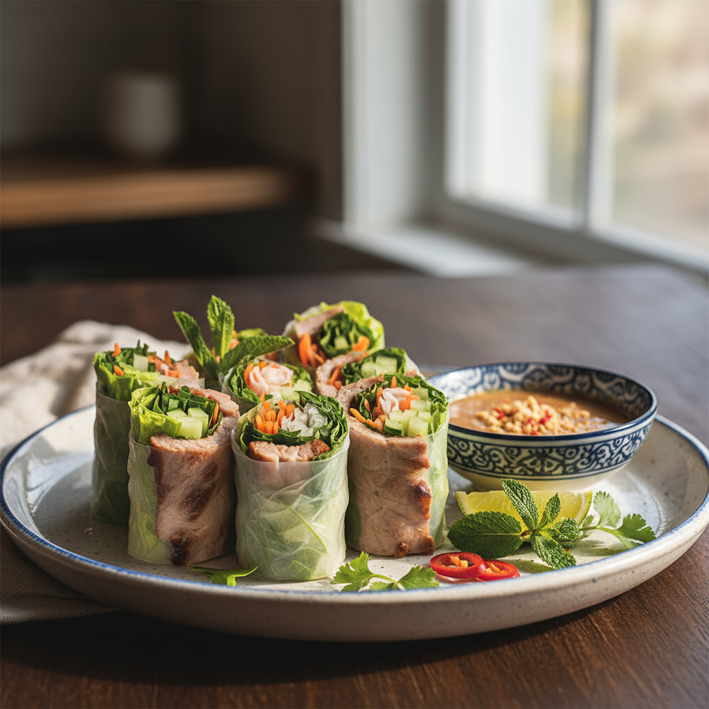 Pork and vegetable rice noodle rolls