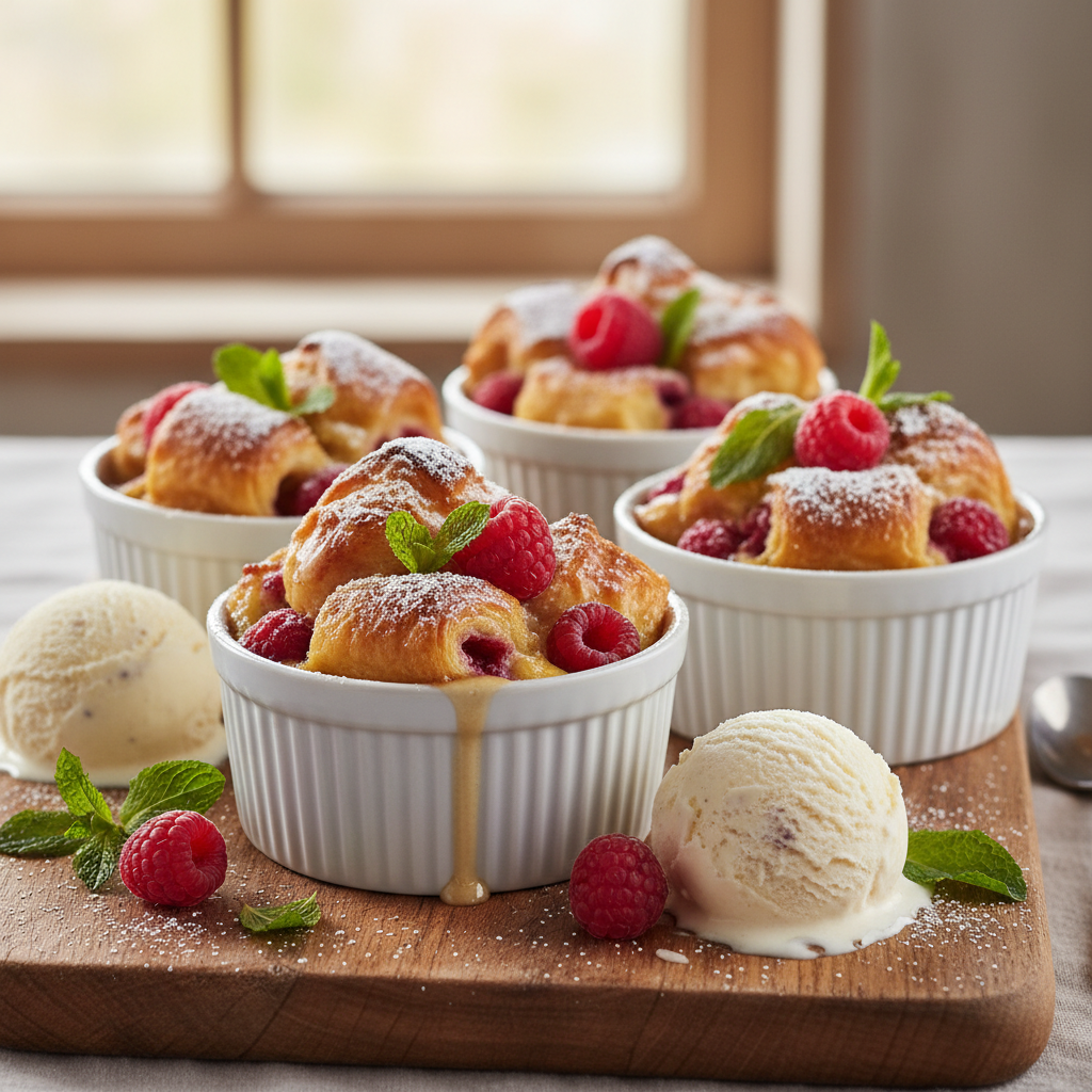 Little raspberry bread and butter puddings