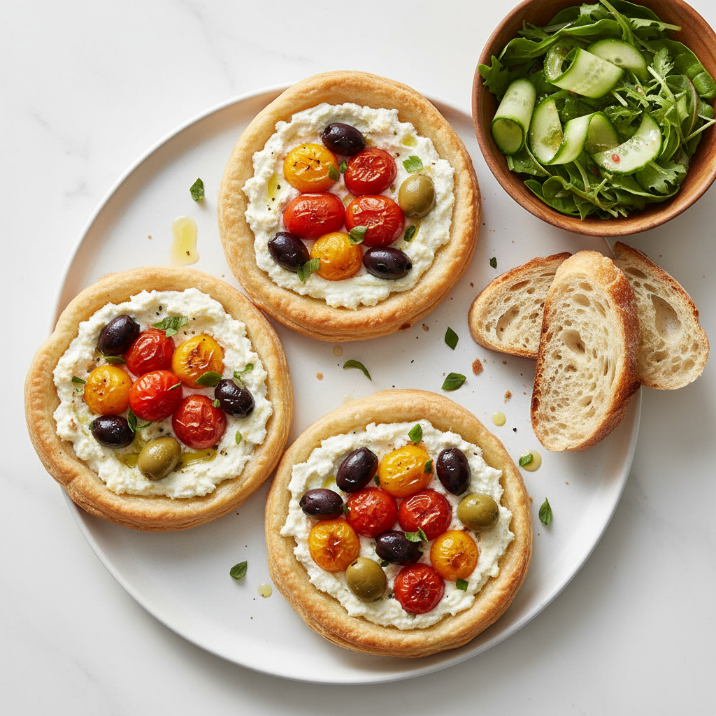 Roasted baby tomato and olive ricotta tarts