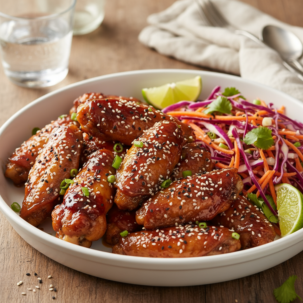 Sticky sesame chicken wings with red cabbage salad