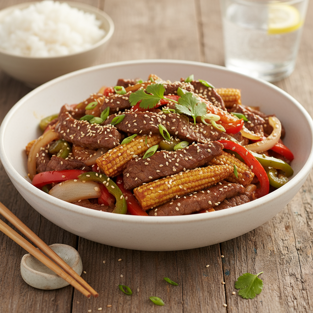 Sesame beef stir-fry with baby corn