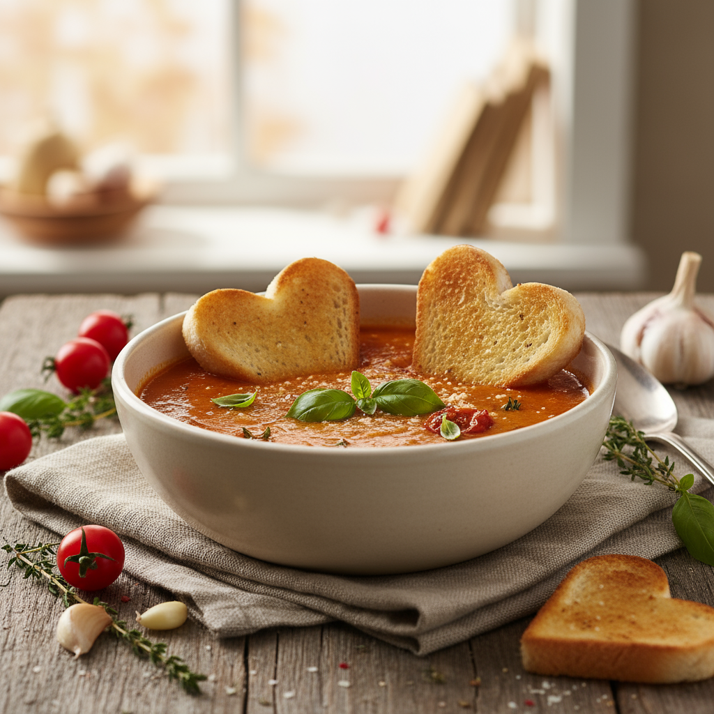 Tomato soup with love heart toast