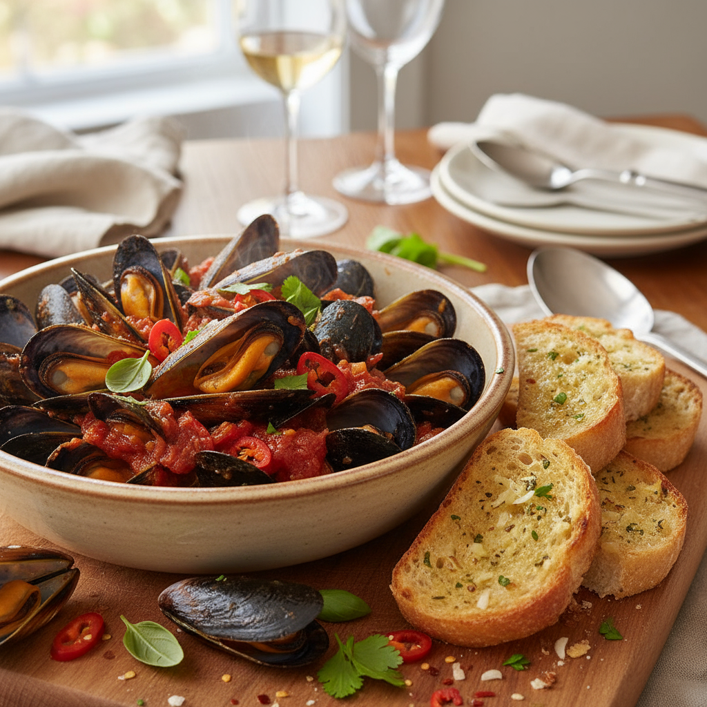 Tomato and chilli mussels with sourdough garlic bread