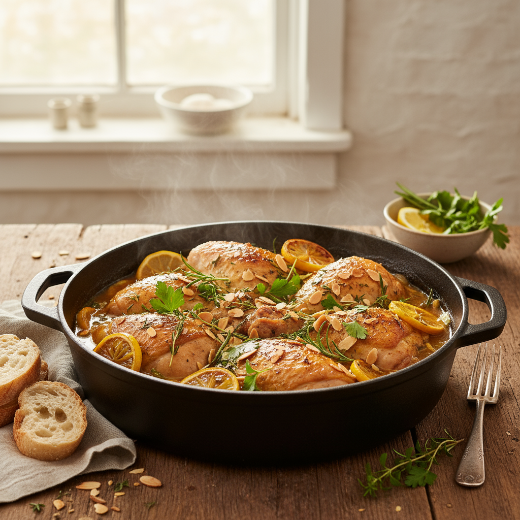 Spring chicken braise with lemon, herbs and almonds