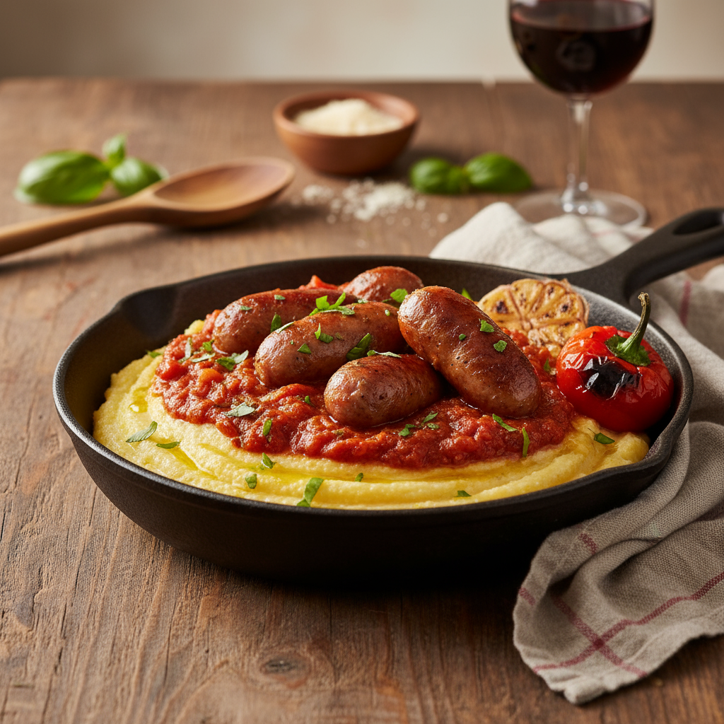 Tomatoey chipolatas with polenta