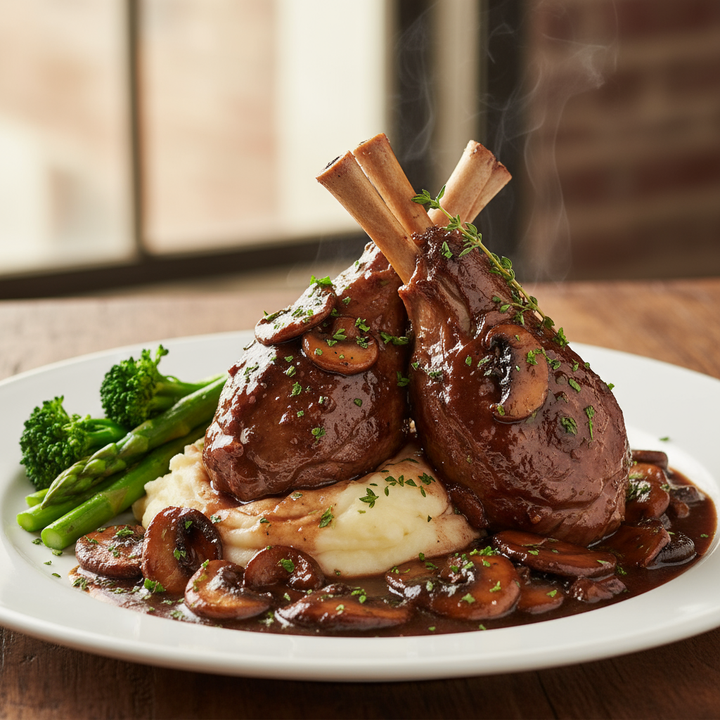Slow cooker lamb shanks with red wine and mushrooms