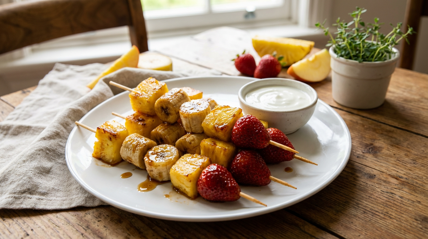 Caramelised fruit kebabs